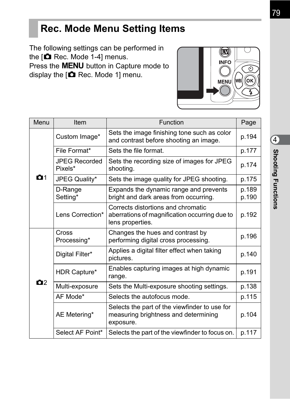 Rec. mode menu setting items, Menu (p.79), P.79 | Pentax K-X User Manual | Page 81 / 324
