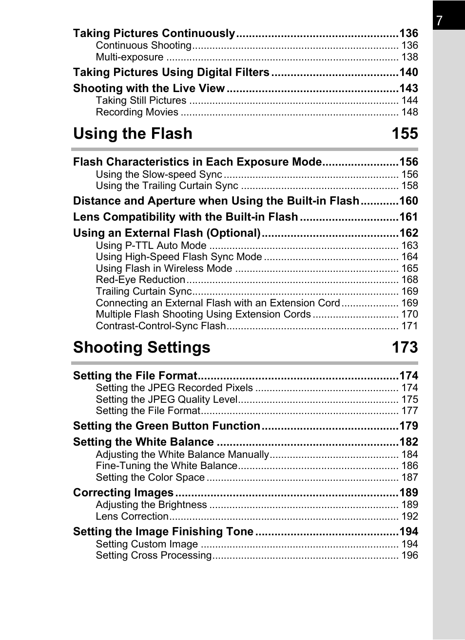Using the flash 155, Shooting settings 173 | Pentax K-X User Manual | Page 9 / 324