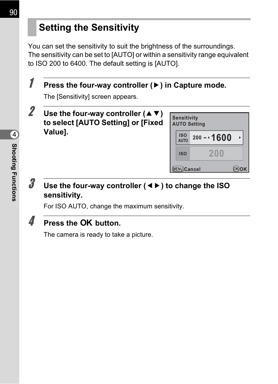 Setting the sensitivity, O (p.90), P.90) | P.90 | Pentax K-X User Manual | Page 92 / 324