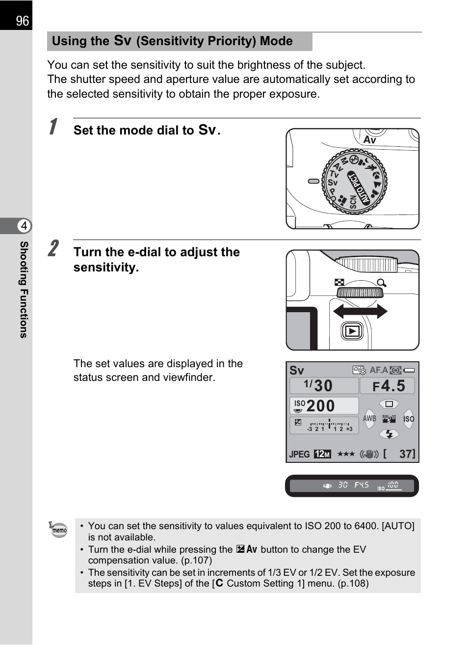 P.96, Set the mode dial to k, Turn the e-dial to adjust the sensitivity | Using the k (sensitivity priority) mode | Pentax K-X User Manual | Page 98 / 324