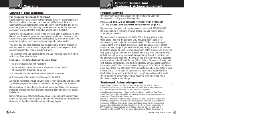 Product service and trademark acknowledgement, Warranty | Cobra Electronics xrs 9400 User Manual | Page 14 / 16