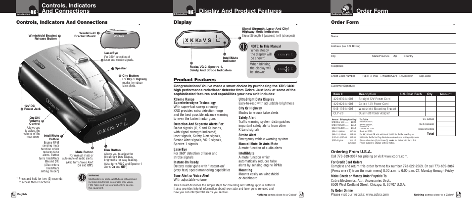Order form, Display and product features, Controls, indicators and connections | X k ka v s, Product features, Display, Ordering from u.s.a | Cobra Electronics xrs 9400 User Manual | Page 3 / 16