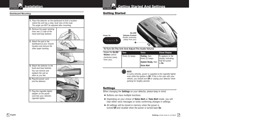 Getting started and settings, Installation, Getting started | Settings | Cobra Electronics xrs 9400 User Manual | Page 5 / 16