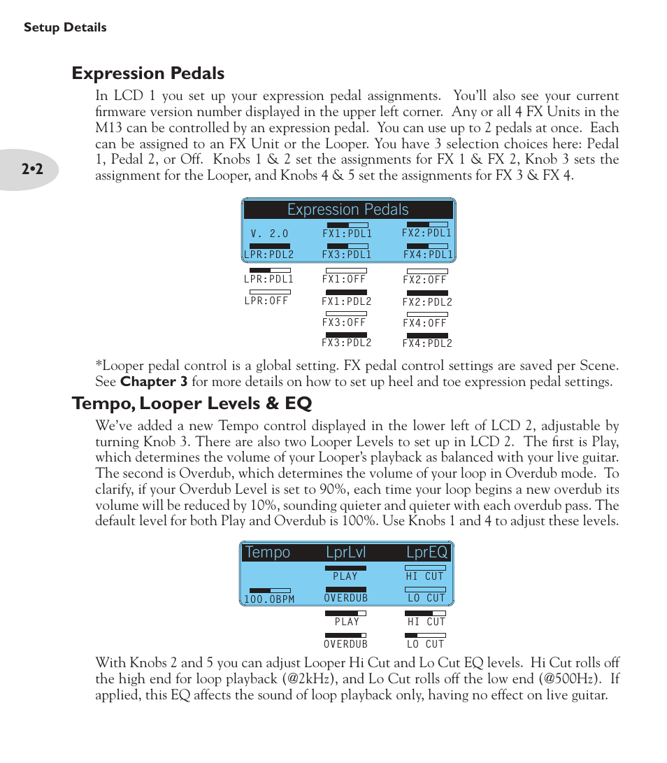 Expression pedals, Tempo, looper levels & eq, Tempo lprlvl lpreq | Line 6 M13 User Manual | Page 12 / 37