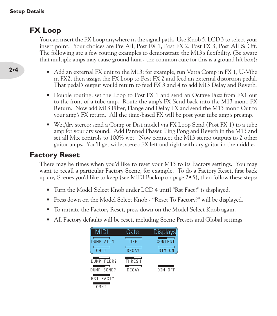 M13_v2_advguide_rev_a_english, Fx loop, Factory reset | Midi gate displays | Line 6 M13 User Manual | Page 14 / 37