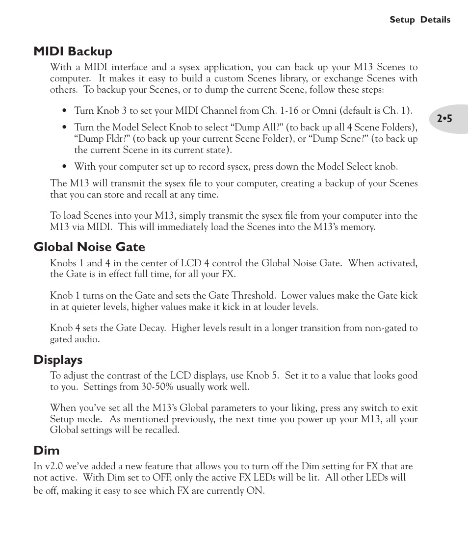 Midi backup, Global noise gate, Displays | Line 6 M13 User Manual | Page 15 / 37
