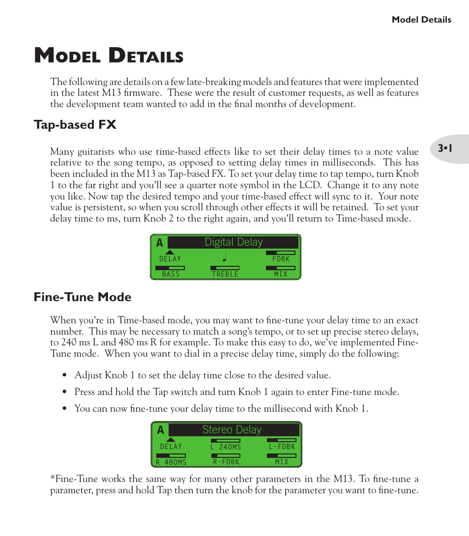 Odel, Etails, Tap-based fx | Fine-tune mode | Line 6 M13 User Manual | Page 17 / 37