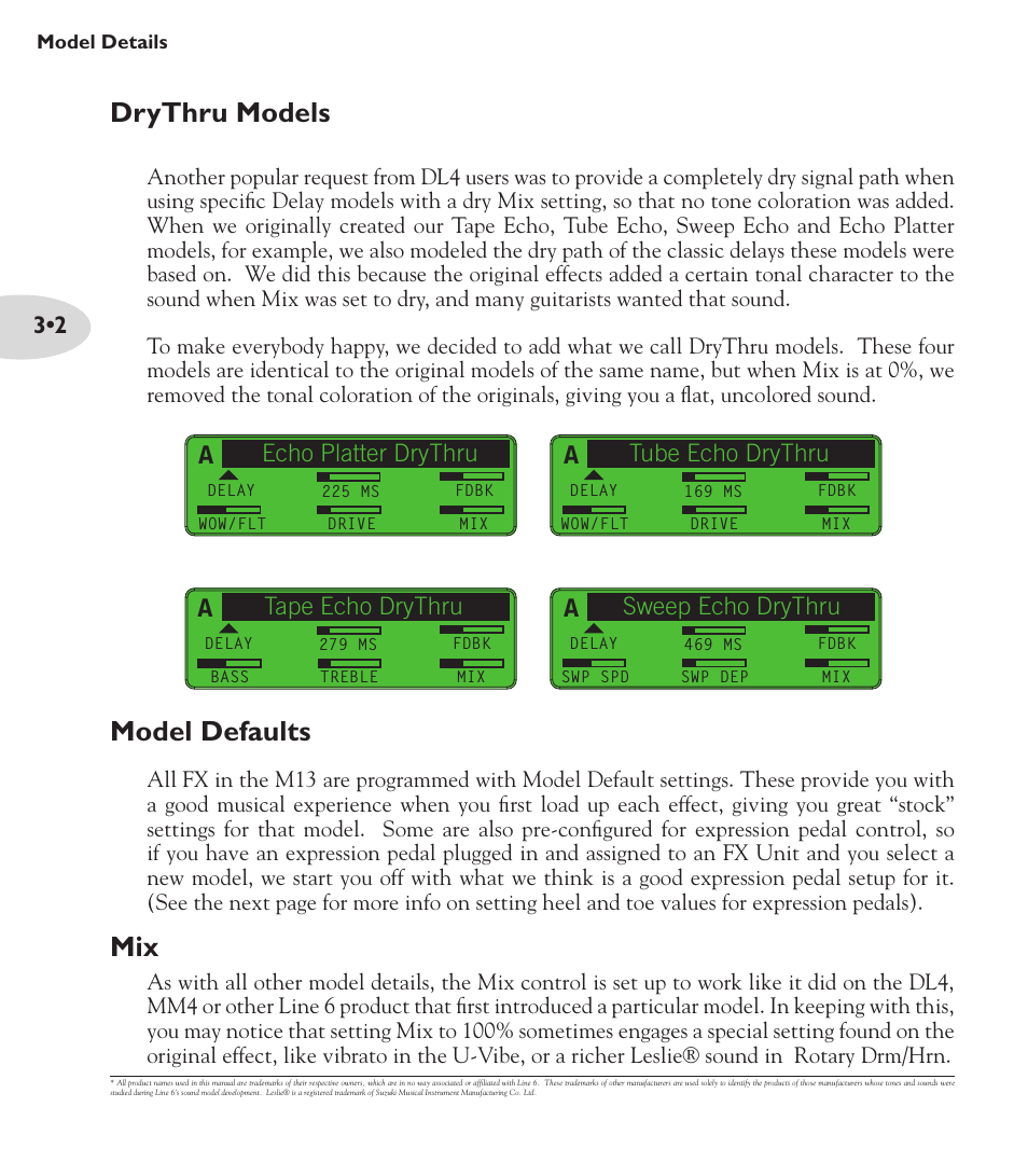 Drythru models, Model defaults, Sweep echo drythru | Tape echo drythru, Echo platter drythru a, Tube echo drythru | Line 6 M13 User Manual | Page 18 / 37