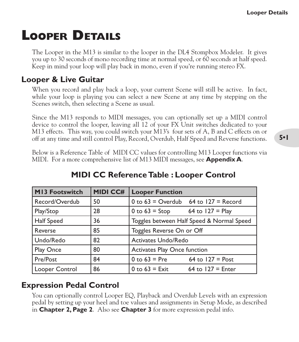 Ooper, Etails, Looper & live guitar | Midi cc reference table : looper control, Expression pedal control | Line 6 M13 User Manual | Page 25 / 37