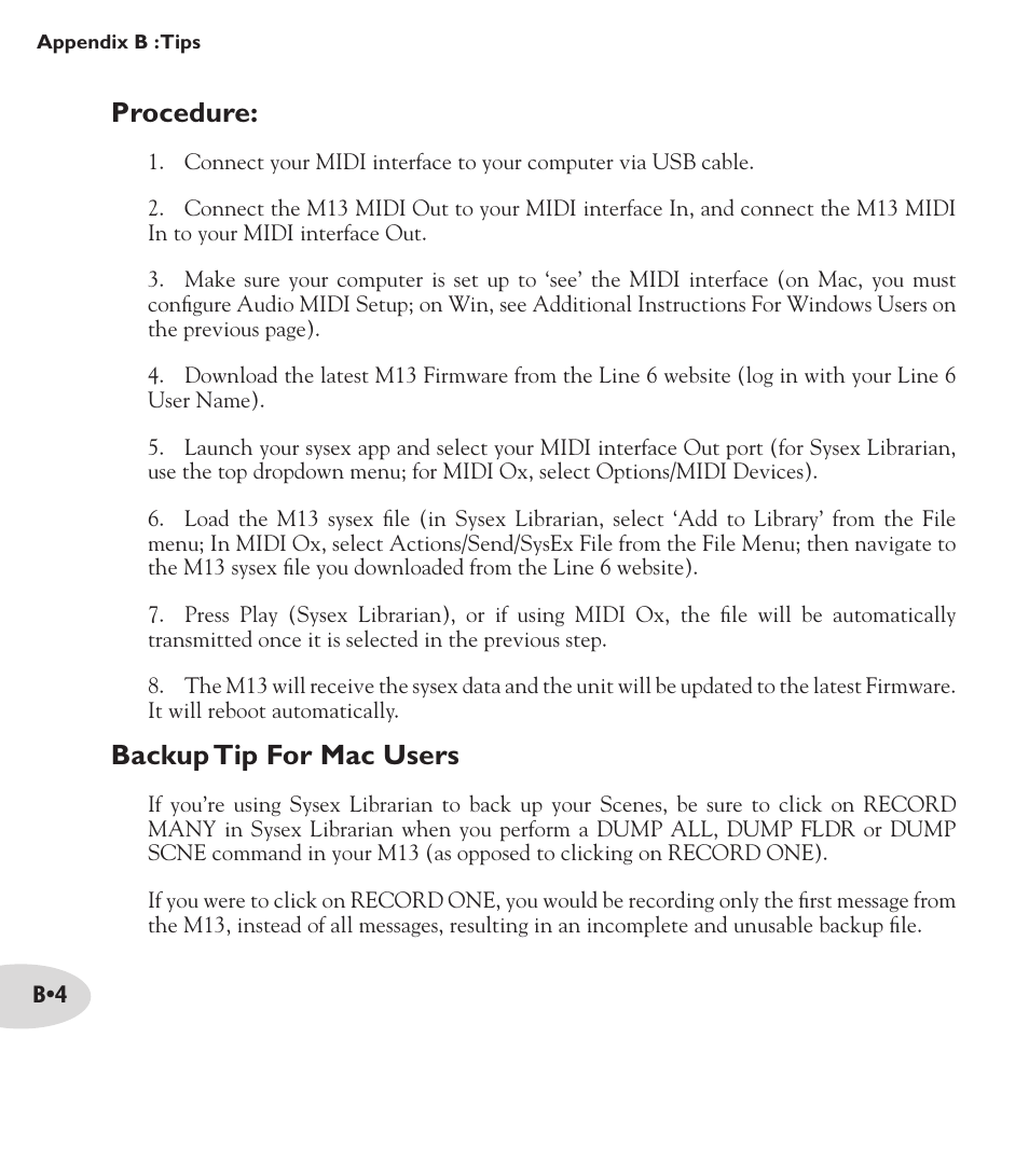 Procedure, Backup tip for mac users | Line 6 M13 User Manual | Page 36 / 37