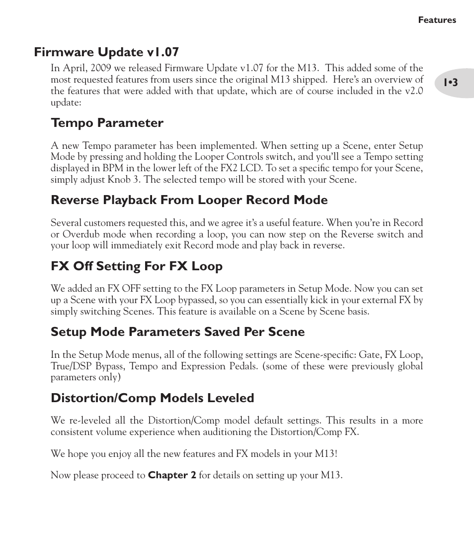 M13_v2.0_advguide_english, Firmware update v1.07, Tempo parameter | Reverse playback from looper record mode, Fx off setting for fx loop, Setup mode parameters saved per scene, Distortion/comp models leveled | Line 6 M13 User Manual | Page 9 / 37