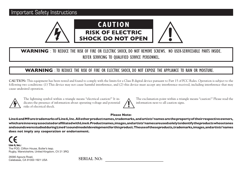 Caution, Important safety instructions, Risk of electric shock do not open | Line 6 M9 User Manual | Page 2 / 8