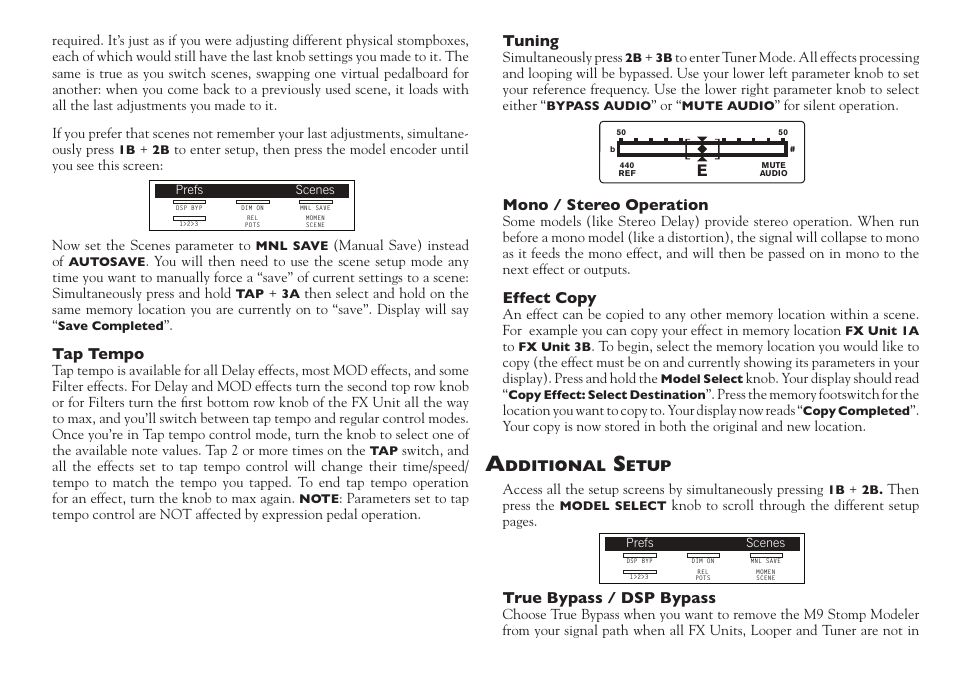 Tap tempo, Tuning, Emono / stereo operation | Effect copy, True bypass / dsp bypass | Line 6 M9 User Manual | Page 7 / 8