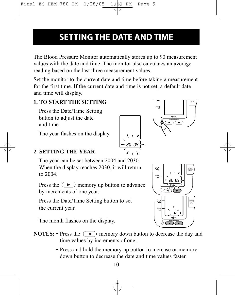 Setting the date and time | Omron HEM-780 User Manual | Page 10 / 28