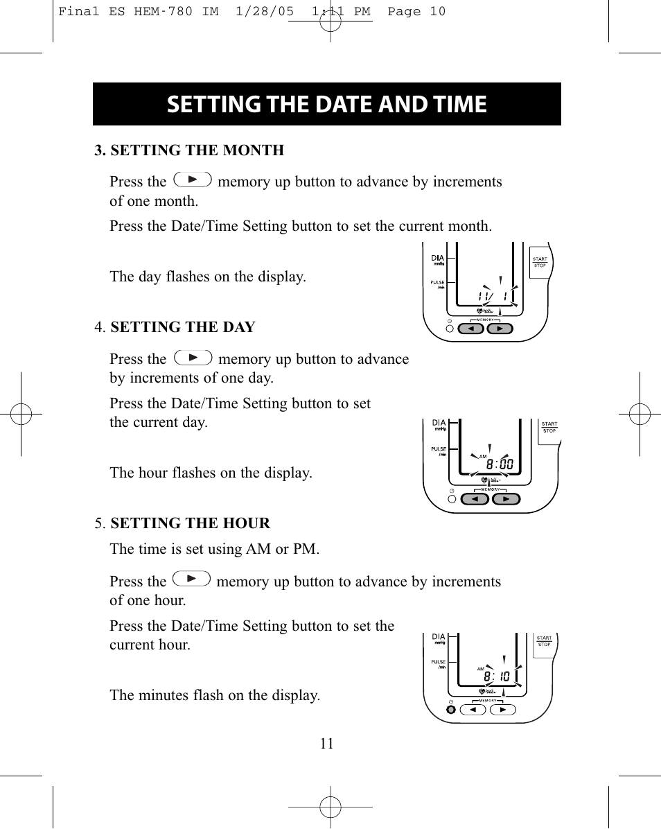 Setting the date and time | Omron HEM-780 User Manual | Page 11 / 28