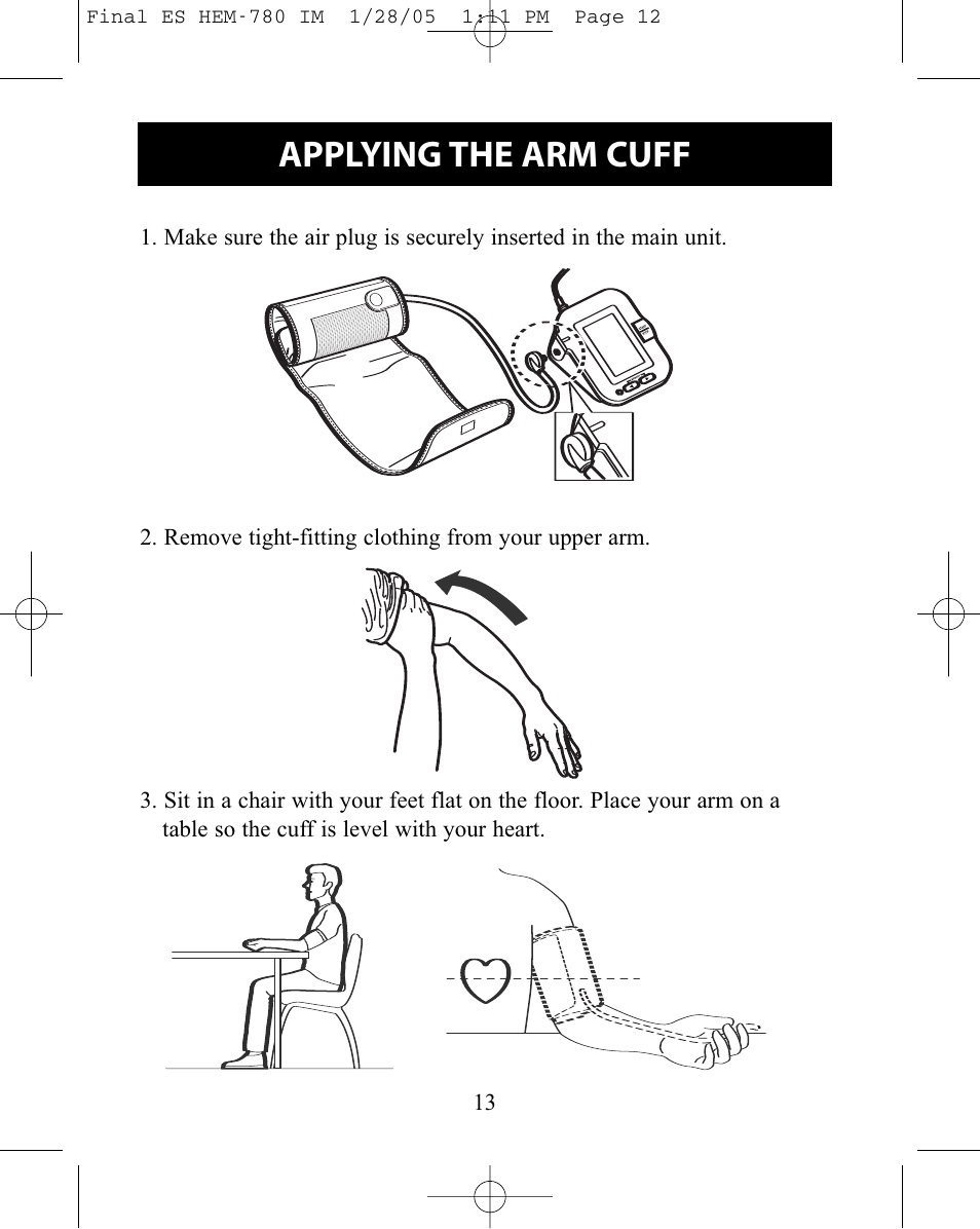 Applying the arm cuff | Omron HEM-780 User Manual | Page 13 / 28