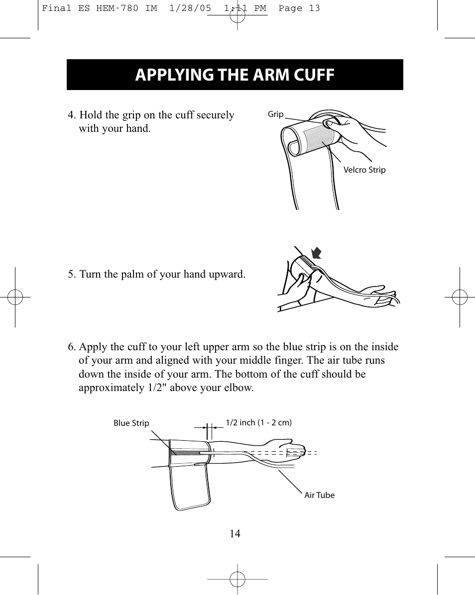 Applying the arm cuff | Omron HEM-780 User Manual | Page 14 / 28