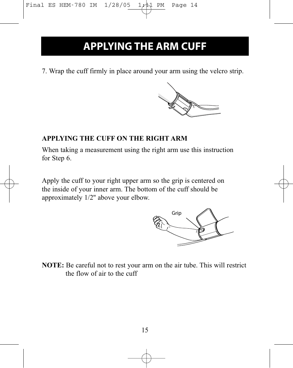 Applying the arm cuff | Omron HEM-780 User Manual | Page 15 / 28