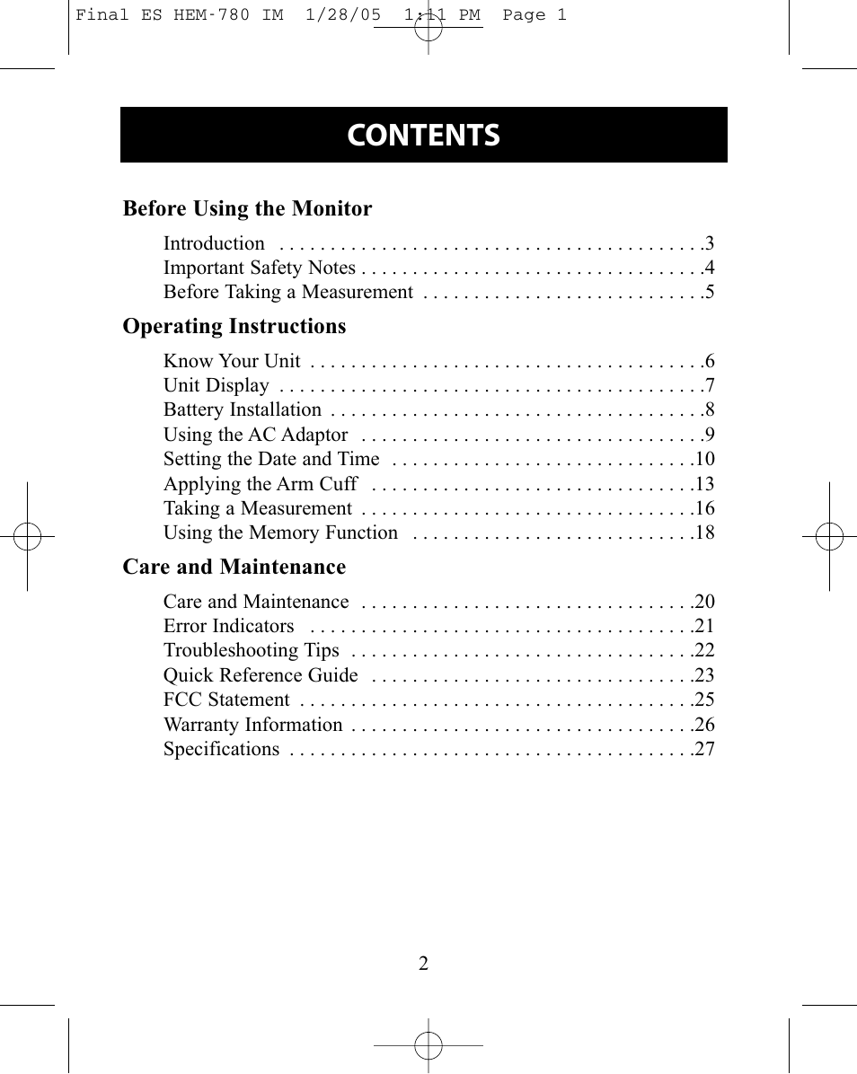 Omron HEM-780 User Manual | Page 2 / 28