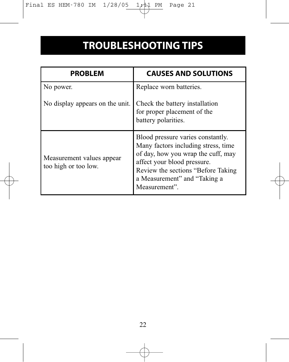 Troubleshooting tips | Omron HEM-780 User Manual | Page 22 / 28