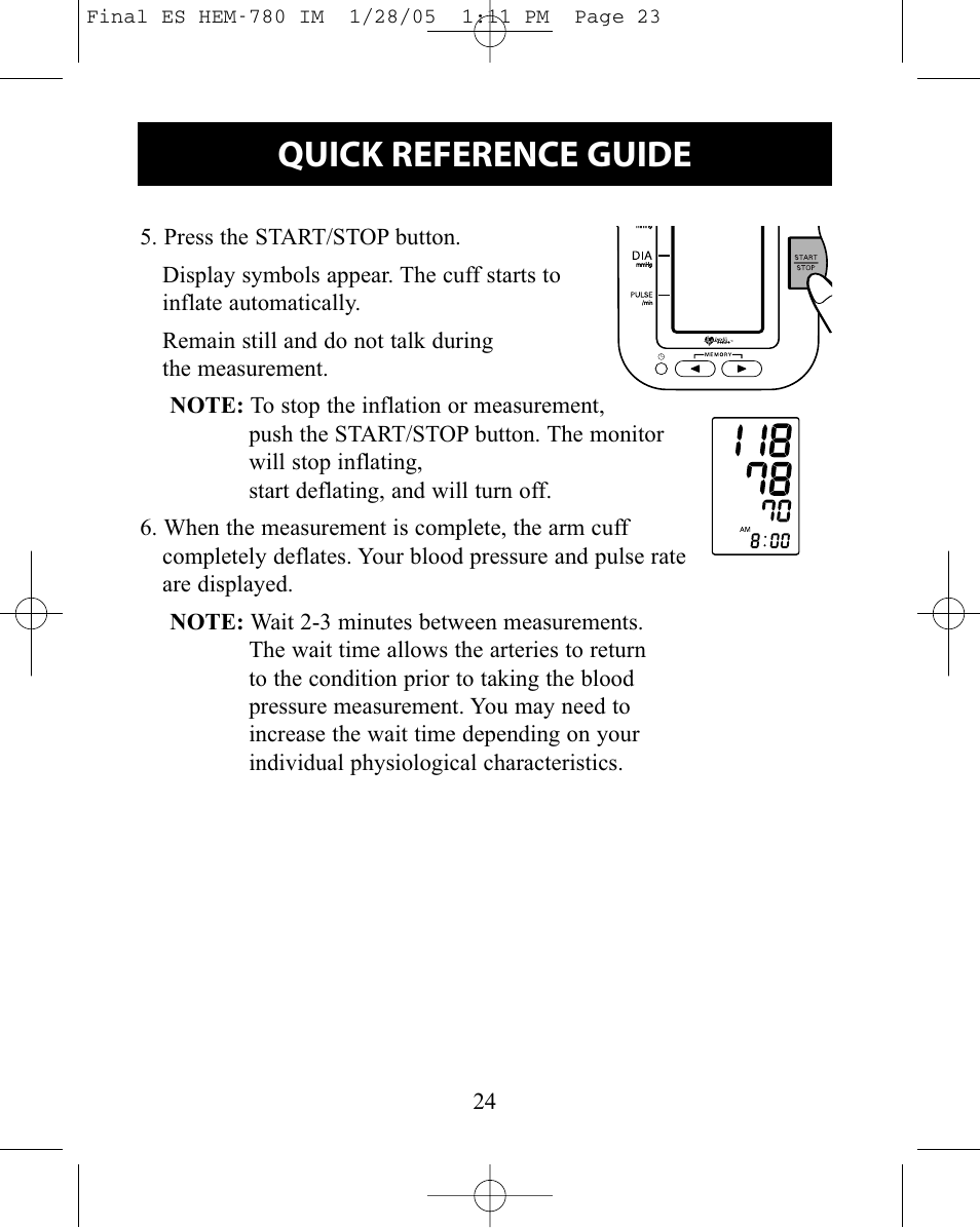 Quick reference guide | Omron HEM-780 User Manual | Page 24 / 28