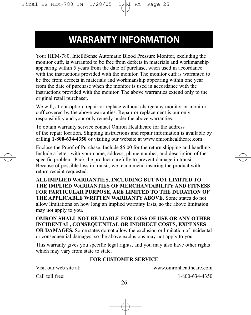 Warranty information | Omron HEM-780 User Manual | Page 26 / 28