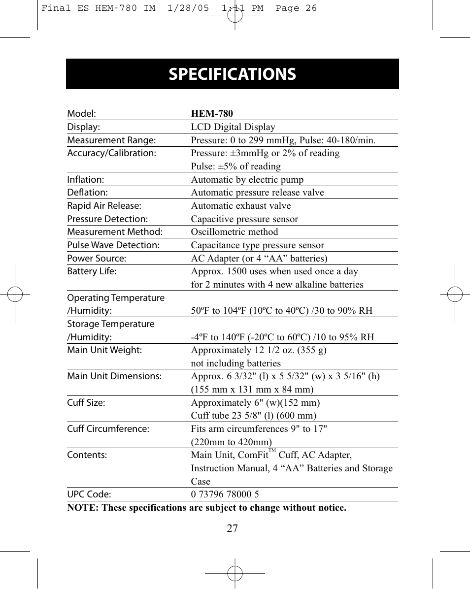 Specifications | Omron HEM-780 User Manual | Page 27 / 28