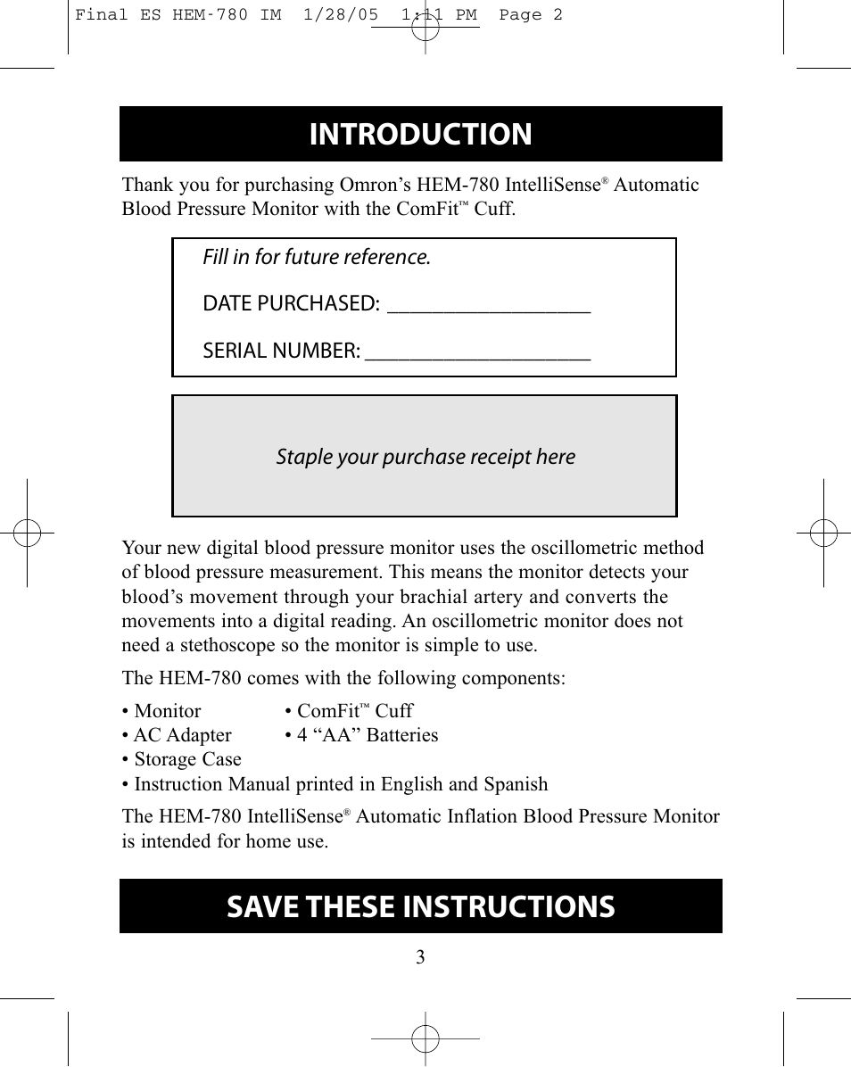Introduction, Save these instructions | Omron HEM-780 User Manual | Page 3 / 28