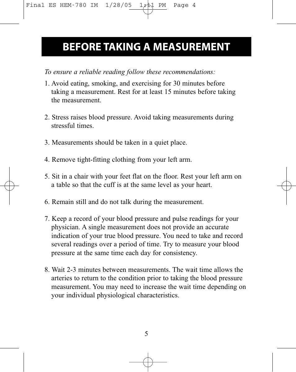 Before taking a measurement | Omron HEM-780 User Manual | Page 5 / 28