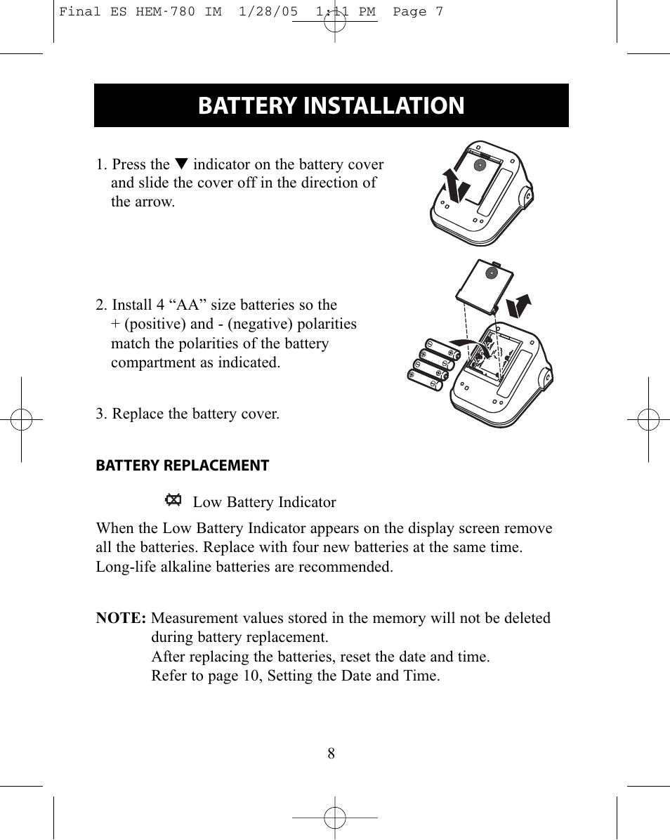 Battery installation | Omron HEM-780 User Manual | Page 8 / 28