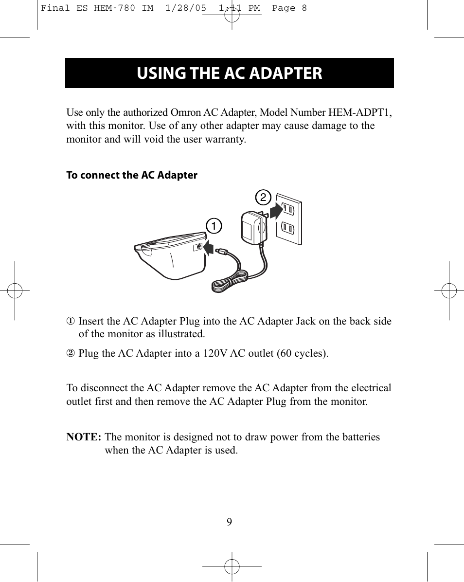 Using the ac adapter | Omron HEM-780 User Manual | Page 9 / 28