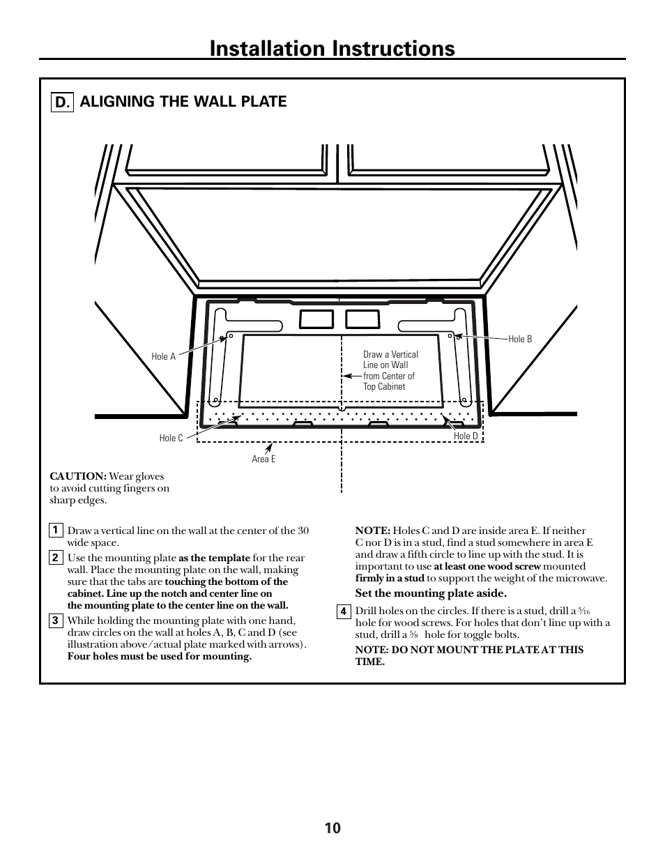 Aligning the wall plate, Installation instructions, 10 aligning the wall plate | GE spacemaker xl1800 User Manual | Page 10 / 24