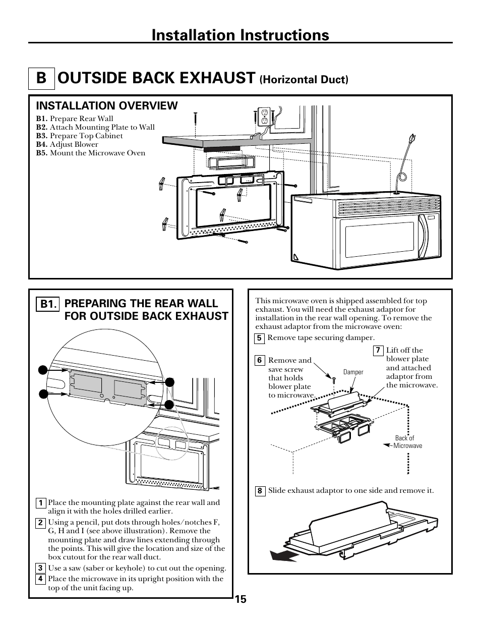 Outside back exhaust, Preparing rear wall for outside back exhaust, Outside back exhaust –18 | Preparing rear wall for, Outside back exhaust –16, Installation instructions b, Horizontal duct), Installation overview | GE spacemaker xl1800 User Manual | Page 15 / 24