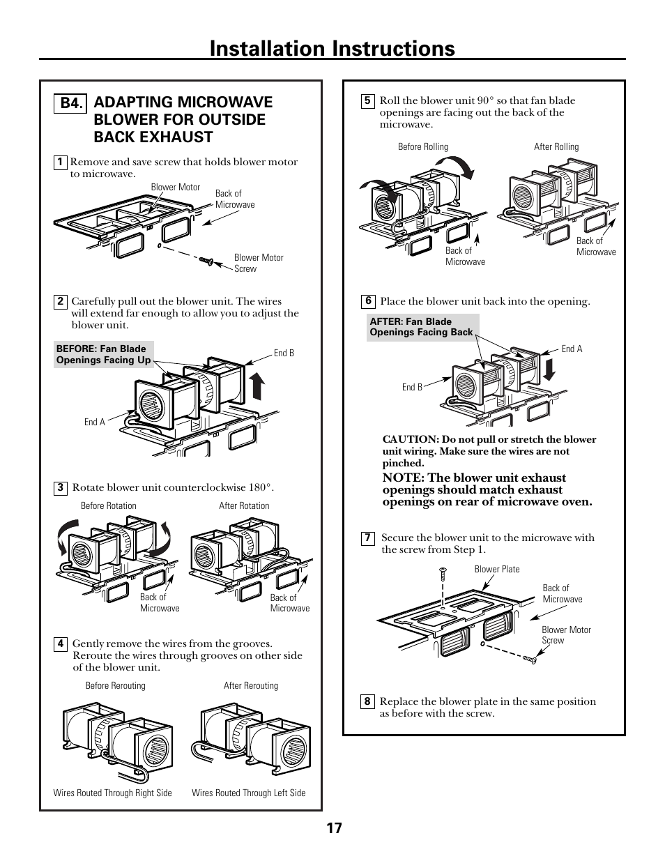 Adapting microwave blower for outside back exhaust, Adapting microwave blower, For outside back exhaust | Installation instructions | GE spacemaker xl1800 User Manual | Page 17 / 24