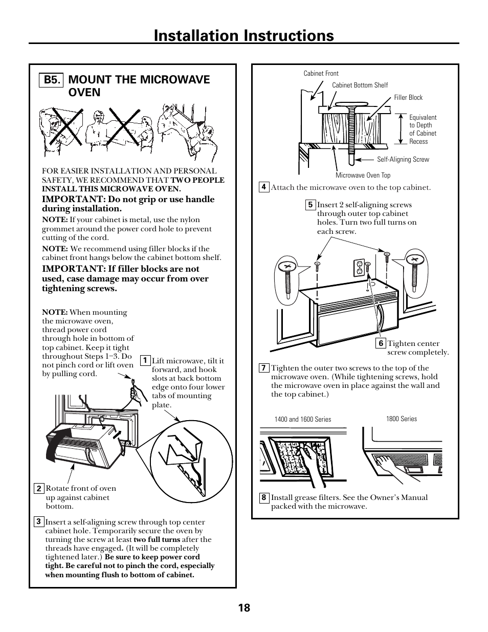 Mount the microwave oven, Installation instructions, Mount the microwave oven b5 | GE spacemaker xl1800 User Manual | Page 18 / 24