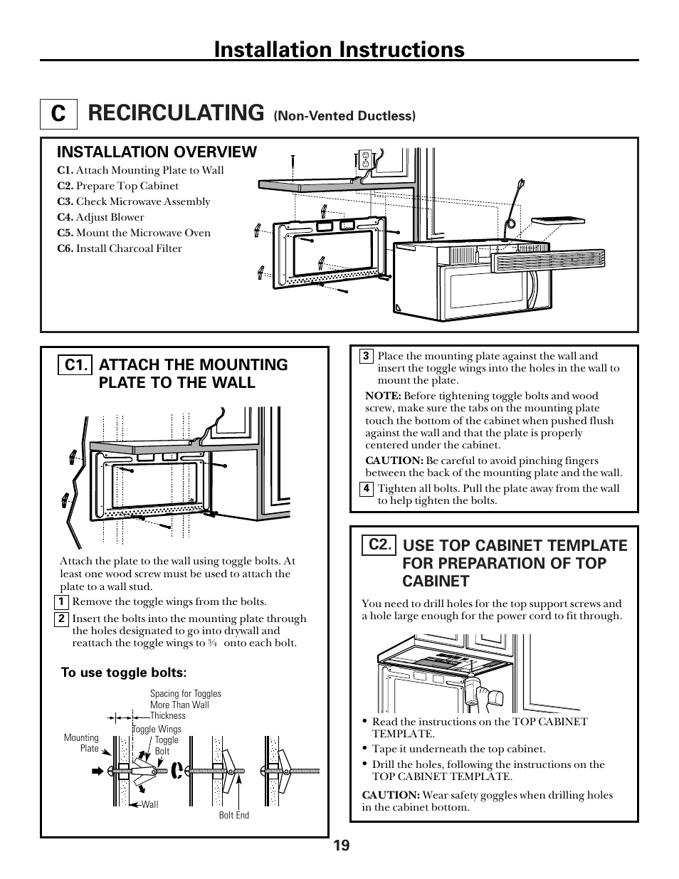 Recirculating, Attach mounting plate to wall, Preparation of top cabinet | Recirculating –22, Installation instructions, Installation overview, Attach the mounting plate to the wall c1 | GE spacemaker xl1800 User Manual | Page 19 / 24