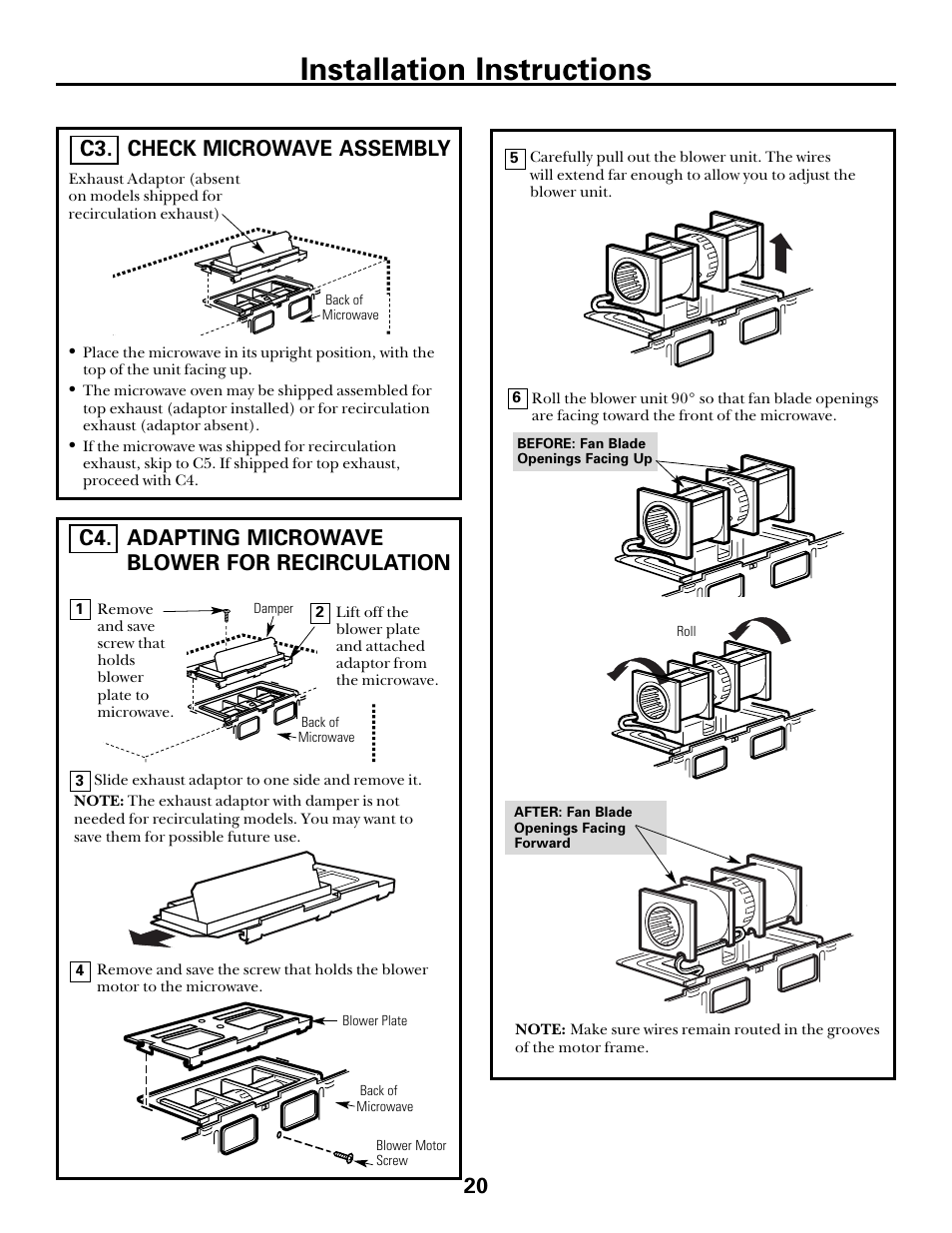 Check microwave assembly, Adapting microwave blower for recirculation, Adapting microwave blower | For recirculation –21, Installation instructions, Adapting microwave blower for recirculation c4. 20, Check microwave assembly c3 | GE spacemaker xl1800 User Manual | Page 20 / 24