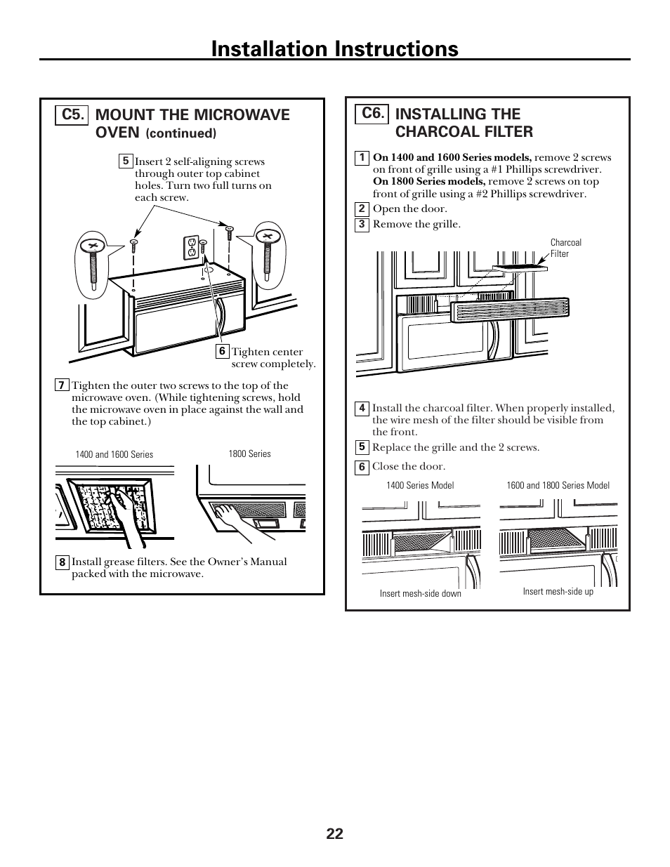 Installing the charcoal filter, Installation instructions | GE spacemaker xl1800 User Manual | Page 22 / 24