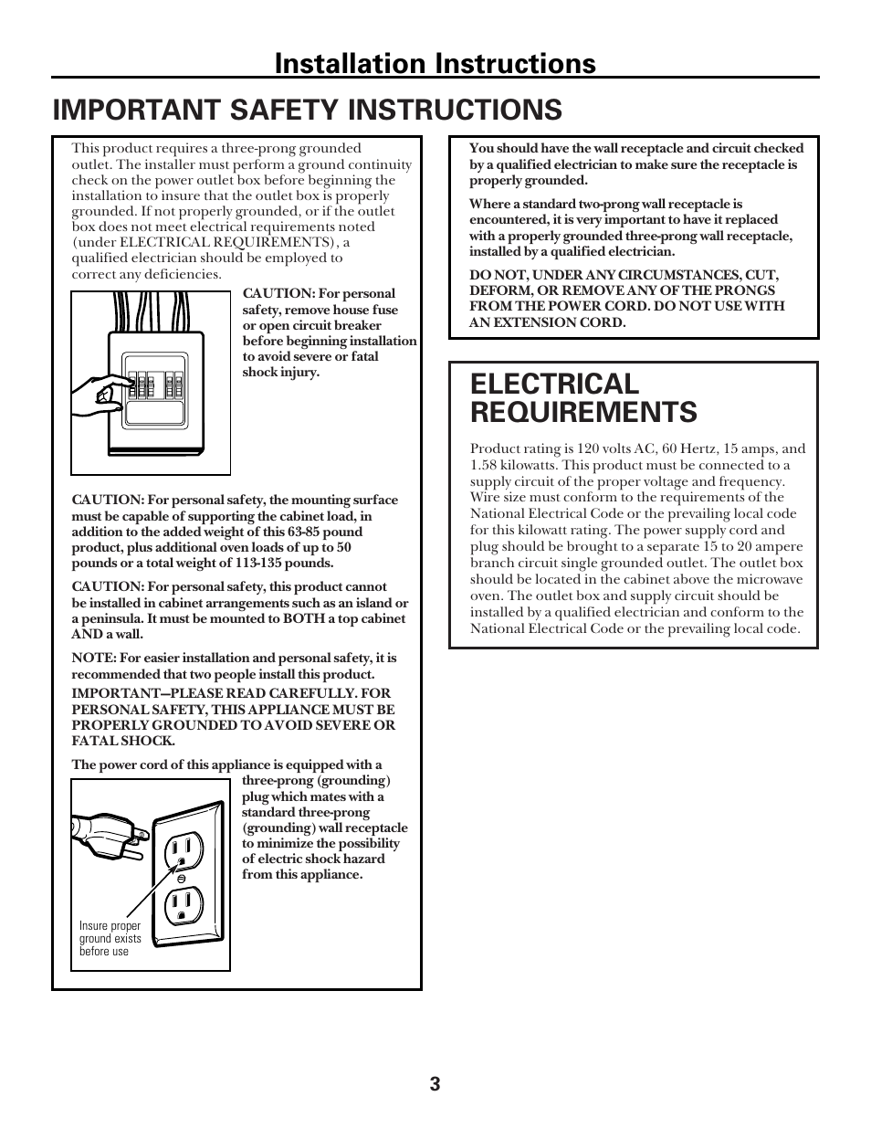 Important safety instructions, Electrical requirements, Installation instructions | GE spacemaker xl1800 User Manual | Page 3 / 24