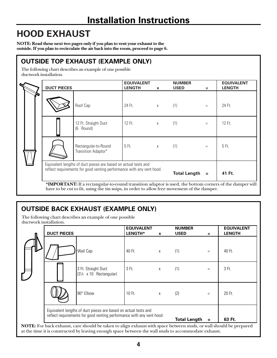 Hood exhaust, Hood exhaust –5, Installation instructions | Outside top exhaust (example only), Outside back exhaust (example only) | GE spacemaker xl1800 User Manual | Page 4 / 24