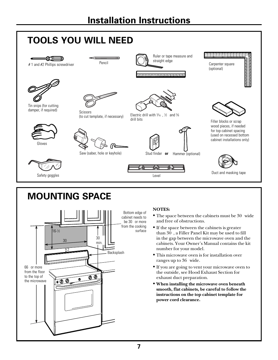 Tools you will need, Mounting space, Installation instructions | GE spacemaker xl1800 User Manual | Page 7 / 24