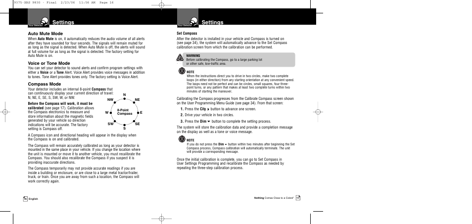 Settings, Auto mute mode, Voice or tone mode | Compass mode, Ns w nw sw e ne se | Cobra Electronics XRS 9830 User Manual | Page 11 / 21