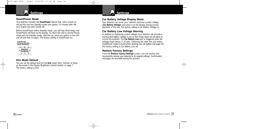 Settings, Smartpower mode, Dim mode default | Car battery voltage display mode, Car battery low voltage warning, Restore factory settings | Cobra Electronics XRS 9830 User Manual | Page 12 / 21