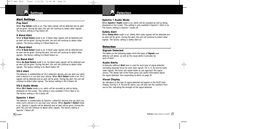 Detection, Settings, Alert settings | Pop alert, X band alert, K band alert, Ku band alert, Vg-2 alert, Vg-2 audio mode, Spectre 1 alert | Cobra Electronics XRS 9830 User Manual | Page 13 / 21