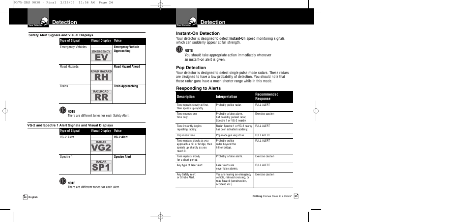 Detection, Instant-on detection, Pop detection | Responding to alerts, Description interpretation recommended response | Cobra Electronics XRS 9830 User Manual | Page 15 / 21