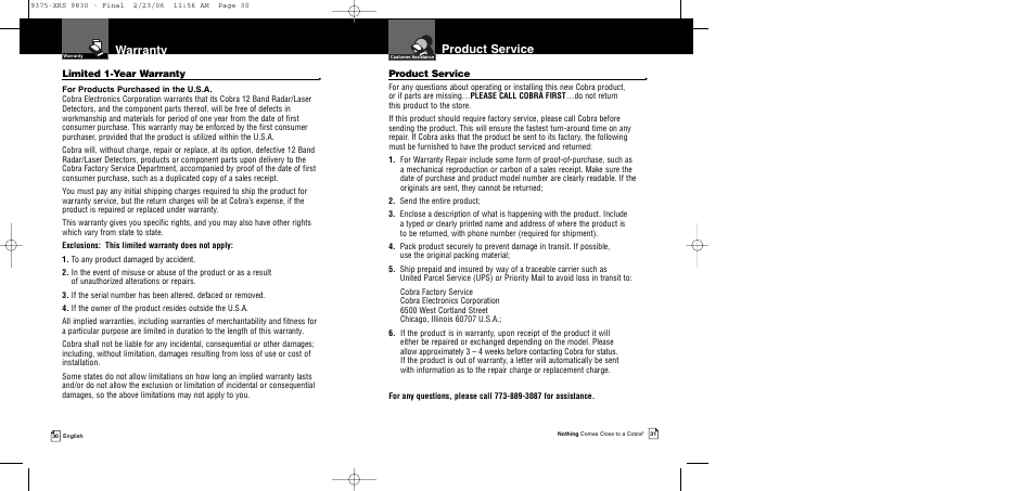 Product service, Warranty, Limited 1-year warranty | Cobra Electronics XRS 9830 User Manual | Page 18 / 21