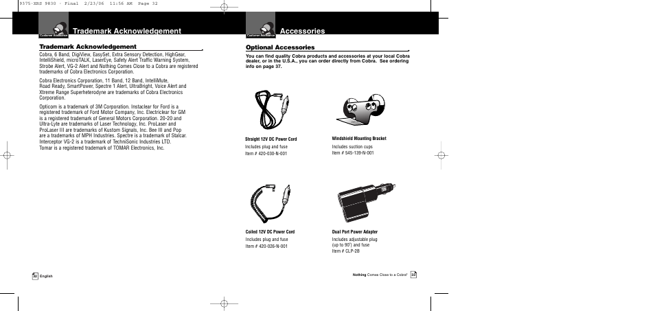 Accessories, Trademark acknowledgement, Optional accessories | Cobra Electronics XRS 9830 User Manual | Page 19 / 21