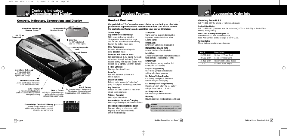 Controls, indicators, connections and display, Product features, Accessories order info | Cobra Electronics XRS 9830 User Manual | Page 2 / 21