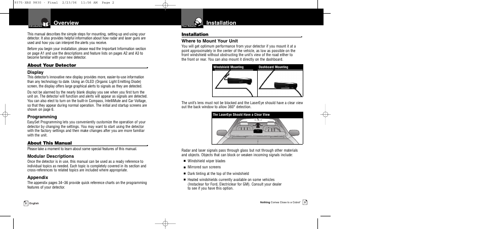 Installation, Overview | Cobra Electronics XRS 9830 User Manual | Page 4 / 21