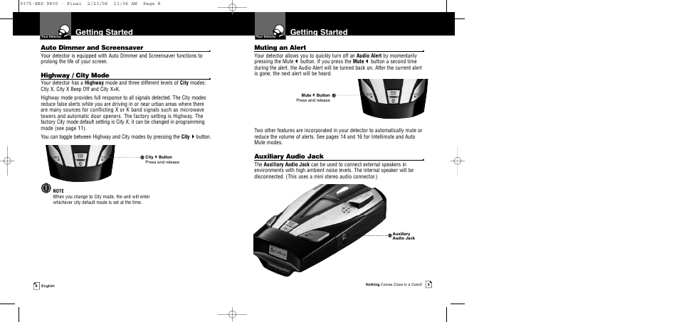 Getting started, Muting an alert, Auxiliary audio jack | Auto dimmer and screensaver, Highway / city mode | Cobra Electronics XRS 9830 User Manual | Page 7 / 21